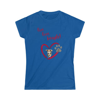 Live, Love, Beagle Women's Softstyle Tee in Royal Blue. The Live, Love, Beagle design features a dog running through a heart with the phrase "Live, Love, Beagle!" above it.