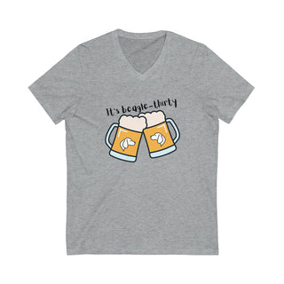 Beagle-Thirty Mugs Unisex Short Sleeve V-Neck Tee in Athletic Heather. The front of shirt showcases Two Dog Adorned Mugs clinking with the saying, "It's Beagle-Thirty" above it. Back of shirt features corresponding Benefit Beagle Logo.