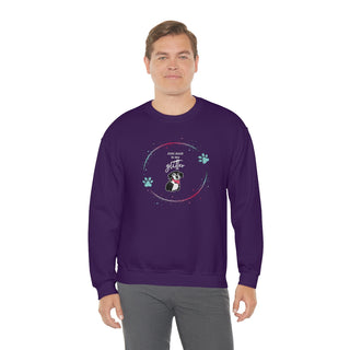 Dog Hair is my Glitter Unisex Crewneck in Purple. The Dog Hair is my Glitter design features a dog with the phrase "Dog Hair is my Glitter" above it and it is surrounded by a circle with paw prints.