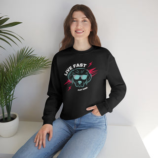 Play Hard Unisex Heavy Blend Crewneck Sweatshirt in Black. The design features a cool dog with sunglasses and lightening bolts around it. The phrase "Live Fast, Play Hard" is around the design.