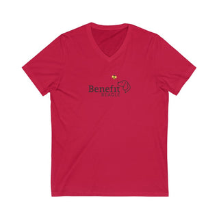 Bee Pawsitive unisex V-Neck Tee shirt in Red. The front of shirt  features the Bee Pawsitive  Benefit Beagle Logo. The back of shirt showcases a dog dressed as a bee in a field of sunflowers with "Bee Pawsitive" written above. 