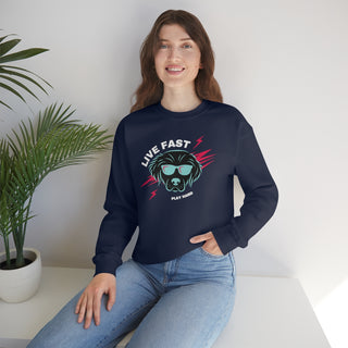 Play Hard Unisex Heavy Blend Crewneck Sweatshirt in Navy. The design features a cool dog with sunglasses and lightening bolts around it. The phrase "Live Fast, Play Hard" is around the design.