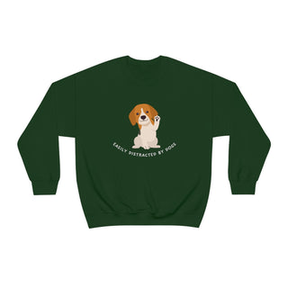 Easily Distracted Unisex Heavy Blend Crewneck Sweatshirt in Forest Green. Shown is front design featuring a dog waving with the saying "Easily Distracted by Dogs" below it. The back of shirt has the classic Benefit Beagle Logo.