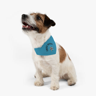 Dog wearing the Brightest Star Pet Bandana Collar in blue. The Brightest Star design features the phrase "Shine Bright" with a nautical star. Comes with adjustable black collar.