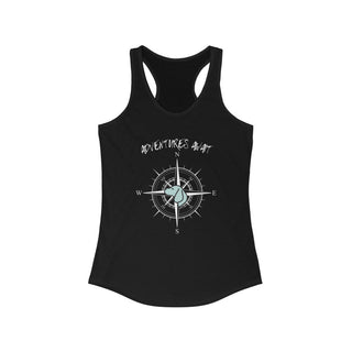 Adventures Await Women's Racerback Tank in Black. The front of shirt features the Adventures Await design with a dog inside a nautical compass and the words "Adventures Await" above it. The back of the shirt has similar Benefit Beagle Logo.