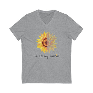 You are my Sunshine Unisex V-Neck Tee in Athletic Heather. Shown is the front showcasing a sunflower which is split down the middle and half is made out of paw prints. Underneath is the phrase "You are my Sunshine" . Back of shirt features the Sunflower Benefit Beagle Logo.