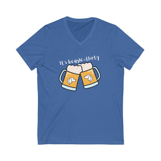 Beagle-Thirty Mugs Unisex Short Sleeve V-Neck Tee in True Royal. The front of shirt showcases Two Dog Adorned Mugs clinking with the saying, "It's Beagle-Thirty" above it. Back of shirt features corresponding Benefit Beagle Logo.