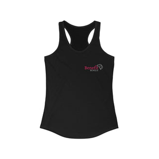 Different Pawspective Women's Racerback Tank in Black. Shown is front of shirt with Benefit Beagle logo in the top corner . On the back is large colorful pawprint with the the phrase "Life is all about finding the beauty in a different pawspective" circled around it.