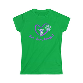 Live, Love, Beagle Women's Softstyle Tee in Irish Green. The Live, Love, Beagle design features a dog running through a heart with the phrase "Live, Love, Beagle!" under it.