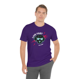 Play Hard Unisex Jersey Short Sleeve Tee Shirt in Team Purple. The design features a cool dog with sunglasses and lightening bolts arond it. The phrase "Live Fast, Play Hard" is around the design.