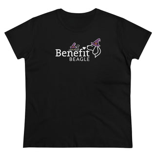 A slightly more fitted take of a classic short sleeve cotton tee. This contoured silhouette is made out of a soft, light cotton. Front side shown in Black with a Seasonal Benefit Beagle Logo Design. Back side showcases Wide Eyed Cartoon Cat wearing Purple Hat Standing over Broom. "Crossing Paths Since 1692". Purrfect for Halloween, or anytime!