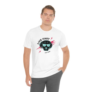 Play Hard Unisex Jersey Short Sleeve Tee Shirt in White. The design features a cool dog with sunglasses and lightening bolts around it. The phrase "Live Fast, Play Hard" is around the design.