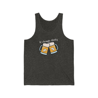 Beagle-Thirty Mugs Unisex Jersey Tank in Charcoal Black Triblend. The front of shirt showcases Two Dog Adorned Mugs clinking with the saying, "It's Beagle-Thirty" above it. Back of shirt features corresponding Benefit Beagle Logo.