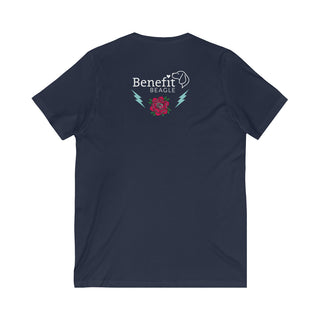 Stay Wild Premium Unisex V-Neck Tee in Navy. Shown is the back of shirt with Benefit Beagle Logo complete with Tattoo Rose. On front of shirt is Stay Wild Design featuring a tattoo style rose with the phrase "Stay Wild, Play Hard" around it.