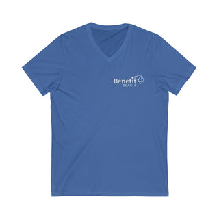 Live in the Moment V-Neck Tee in True Royal. The Live in the Moment design features the Benefit Beagle logo in the top corner of the garment.