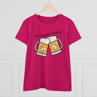 Beagle-Thirty Mugs Women's Midweight Cotton Tee in Heliconia Pink. The front of shirt showcases Two Dog Adorned Mugs clinking with the saying, "It's Beagle-Thirty" above it. Back of shirt features corresponding Benefit Beagle Logo.