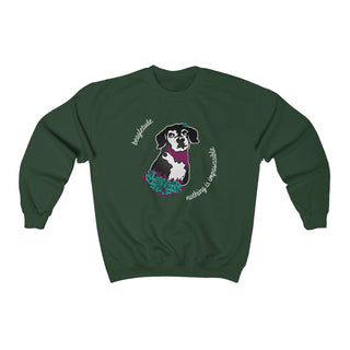 Signature Tattoo Roses Crewneck Sweatshirt in Forest Green. Shown is front of shirt with the Signature Tattoo Roses design featuring a dog with roses around it and the phrase "Beagletude" and "Nothing is Impawssible". Back of shirt features the Benefit Beagle Logo.