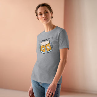 Beagle-Thirty Mugs Women's Premium Tee in Athletic Heather. The front of shirt showcases Two Dog Adorned Mugs clinking with the saying, "It's Beagle-Thirty" above it. Back of shirt features corresponding Benefit Beagle Logo.