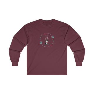 Dog Hair is my Glitter Long Sleeve Tee in Maroon. The Dog Hair is my Glitter design features a dog with the phrase "Dog Hair is my Glitter" above it and it is surrounded by a circle with paw prints.