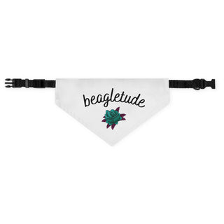 The Signature Tattoo Roses Dog Collar Bandana in White. The Signature Tattoo Roses design features the word "beagletude" with a tattoo style rose under it. Comes with adjustable black collar.