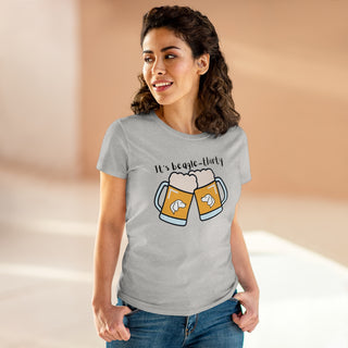 Beagle-Thirty Mugs Women's Midweight Cotton Tee in Ash. The front of shirt showcases Two Dog Adorned Mugs clinking with the saying, "It's Beagle-Thirty" above it. Back of shirt features corresponding Benefit Beagle Logo.