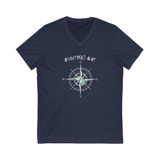 Adventures Await Unisex V-Neck Tee in Navy. The front of shirt features the Adventures Await design with a dog inside a nautical compass and the words "Adventures Await" above it. The back of the shirt has similar Benefit Beagle Logo.