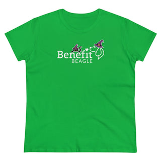 A slightly more fitted take of a classic short sleeve cotton tee. This contoured silhouette is made out of a soft, light cotton. Front side shown in Irish Green with a Seasonal Benefit Beagle Logo Design. Back side showcases Wide Eyed Cartoon Cat wearing Purple Hat Standing over Broom. "Crossing Paths Since 1692". Purrfect for Halloween, or anytime!