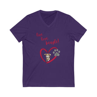 Live, Love, Beagle Unisex V-Neck Tee in Team Purple. The Live, Love, Beagle design features a dog running through a heart with the phrase "Live, Love, Beagle!" above it.