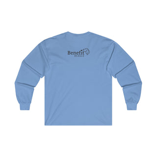 Easily Distracted Ultra Cotton Long Sleeve Tee in Carolina Blue. Shown is back design with the classic Benefit Beagle Logo. The front design features a dog waving with the saying "Easily Distracted by Dogs" below it.