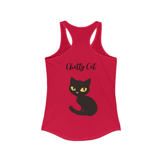 Meow Women's Racerback Tank in Red. Shown is back showcasing a wide eyed black cartoon cat with the phrase "Chatty Cat" above it. On front of shirt is the Benefit Beagle Logo featuring a peeping cat.