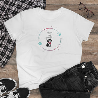 Dog Hair is my Glitter Women's Midweight Cotton Tee in White. The Dog Hair is my Glitter design features a dog with the phrase "Dog Hair is my Glitter" above it and it is surrounded by a circle with paw prints.