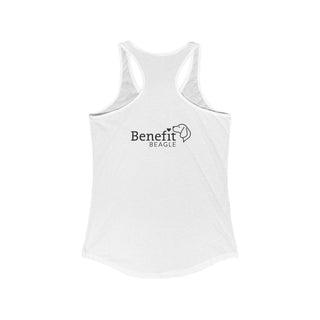 Signature Tattoo Flowers Women's Ideal Racerback Tank in White. Shown is back of shirt with the Benefit Beagle Logo. Front of shirt has the Signature Tattoo Flowers design featuring a dog with flowers around it and the phrase "Beagletude" and "Nothing is Impawssible"