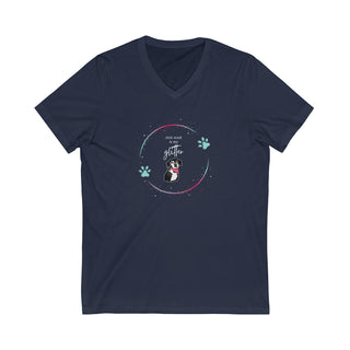 Dog Hair is my Glitter Unisex Jersey V-Neck Tee in Navy. The Dog Hair is my Glitter design features a dog with the phrase "Dog Hair is my Glitter" above it and it is surrounded by a circle with paw prints.