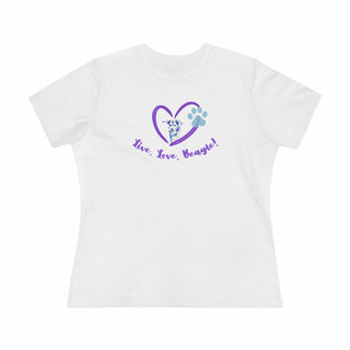 Live, Love, Beagle Women's Premium Tee in White. The Live, Love, Beagle design features a dog running through a heart with the phrase "Live, Love, Beagle!" under it.