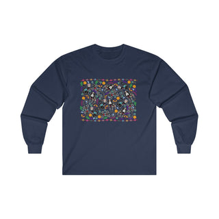 Dia De Los Muertos Unisex Ultra Cotton Long Sleeve Tee Shirt in Navy. Shown is the front of shirt featuring print of dogs and cats with Dia de los Muertos traditional decorations. On the back is a similar Benefit Beagle Logo.