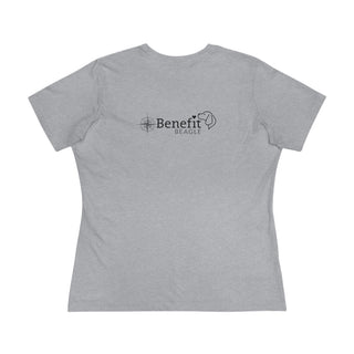 Adventures Await Women's Premium Tee in Athletic Heather. Shown is the back of shirt with a Nautical Compass Benefit Beagle Logo. The front of shirt features the Adventures Await design with a dog inside a nautical compass and the words "Adventures Await" above it.