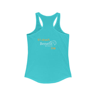 Beagle-Thirty Mugs Women's Racerback Tank in Tahiti Blue. Shown is back of shirt featuring "Beagle-Thirty" Benefit Beagle Logo. The front Showcases Two Dog Adorned Mugs clinking with, "It's Beagle-Thirty" written above it.