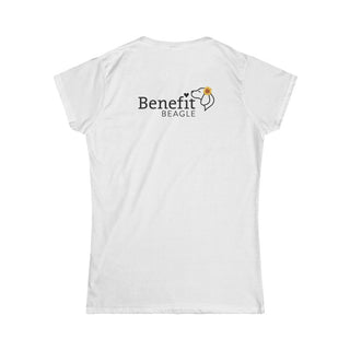 You are my Sunshine Women's Softstyle Tee in White. Shown is back of shirt featuring the Sunflower Benefit Beagle Logo. The front showcases a sunflower which is split down the middle and half is made out of paw prints. Underneath is the phrase "You are my Sunshine".