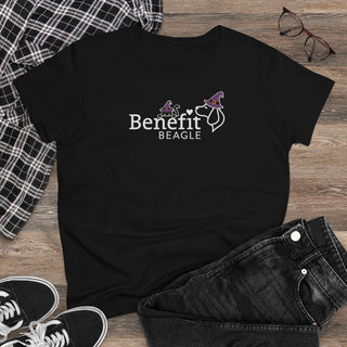 A slightly more fitted take of a classic short sleeve cotton tee. This contoured silhouette is made out of a soft, light cotton. Front side shown in Black with a Seasonal Benefit Beagle Logo Design. Back side showcases Wide Eyed Cartoon Cat wearing Purple Hat Standing over Broom. "Crossing Paths Since 1692". Purrfect for Halloween, or anytime!