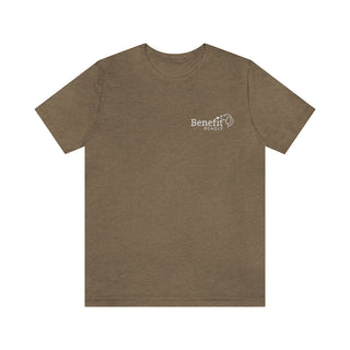 Live in the Moment Unisex Short Sleeve Tee in Heather Olive. The Live in the Moment design features the Benefit Beagle logo in the top corner of the garment.