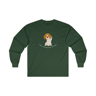 Easily Distracted Ultra Cotton Long Sleeve Tee in Forest Green.  Shown is front design featuring a dog waving with the saying "Easily Distracted by Dogs" below it. The back of shirt has the classic Benefit Beagle Logo.