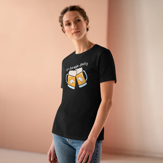 Beagle-Thirty Mugs Women's Premium Tee in Black. The front of shirt showcases Two Dog Adorned Mugs clinking with the saying, "It's Beagle-Thirty" above it. Back of shirt features corresponding Benefit Beagle Logo.