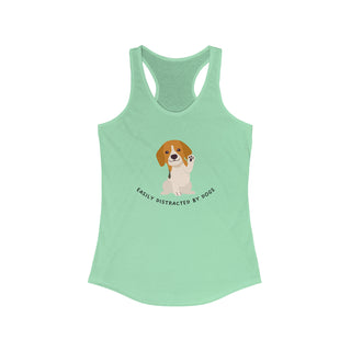 Easily Distracted Women's Racerback Tank in Mint. Shown is front design featuring a dog waving with the saying "Easily Distracted by Dogs" below it. The back of shirt has the classic Benefit Beagle Logo.