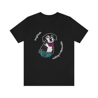 Signature Tattoo Roses Unisex Short Sleeve Tee in Black. Shown is front of shirt with the Signature Tattoo Roses design featuring a dog with roses around it and the phrase "Beagletude" and "Nothing is Impawssible". Back of shirt features the Benefit Beagle Logo.