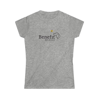 Bee Pawsitive Women's Softstyle Tee shirt in Sport Grey. The front of shirt features the Bee Pawsitive Benefit Beagle Logo. The back of shirt showcases a dog dressed as a bee in a field of sunflowers with "Bee Pawsitive" written above.