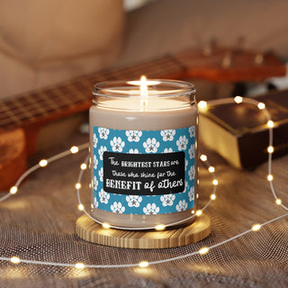 Brightest Stars scented soy candle 9oz. The Brightest Star design features an all-over print of pawprints and a nautical star and the phrase "The brightest stars are those who shine for the benefit of others" Available in White Sage + Lavender, Clean Cotton, or Sea Salt + Orchid