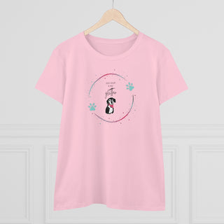 Dog Hair is my Glitter Women's Midweight Cotton Tee in Pink. The Dog Hair is my Glitter design features a dog with the phrase "Dog Hair is my Glitter" above it and it is surrounded by a circle with paw prints.