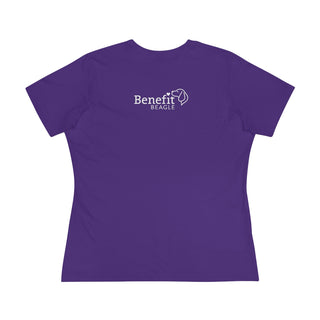 Easily Distracted Women's Premium Tee in Team Purple. Shown is back design with the classic Benefit Beagle Logo. The front design features a dog waving with the saying "Easily Distracted by Dogs" below it.