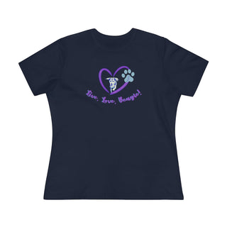 Live, Love, Beagle Women's Premium Tee in Navy. The Live, Love, Beagle design features a dog running through a heart with the phrase "Live, Love, Beagle!" under it.