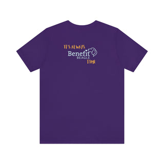 Beagle-Thirty Mugs Unisex Jersey Short Sleeve Tee in Team Purple. Shown is back of shirt featuring "Beagle-Thirty" Benefit Beagle Logo. The front Showcases Two Dog Adorned Mugs clinking with, "It's Beagle- Thirty" written above it.